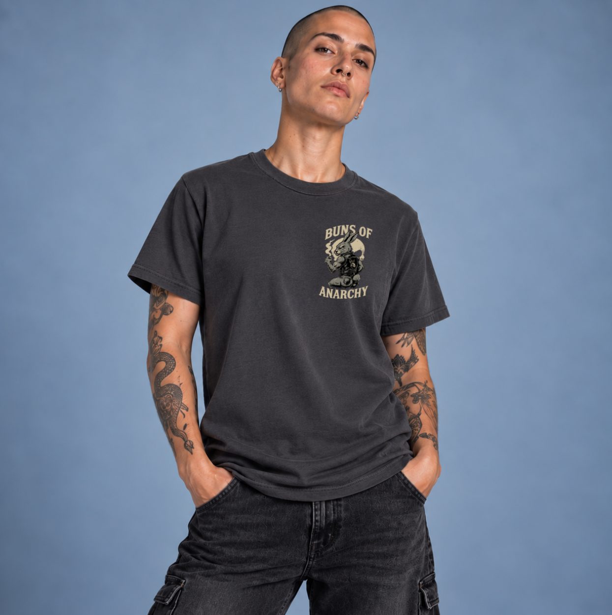 Buns of Anarchy — Charcoal · Front Left Chest + Full Back, worn by a model
