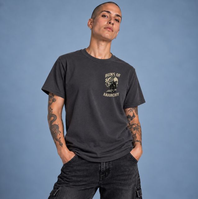 Buns of Anarchy — Charcoal · Front Left Chest + Full Back, worn by a model