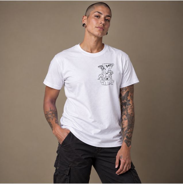 Shittalkin Mushrooms — White · Front Left Chest + Full Back, worn by a model