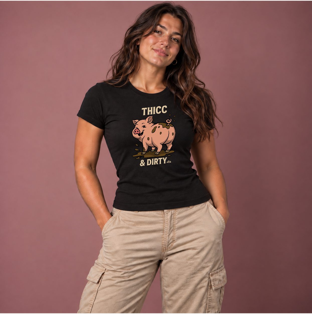 Thicc & Dirty — Black · Woman's Baby T, worn by a model