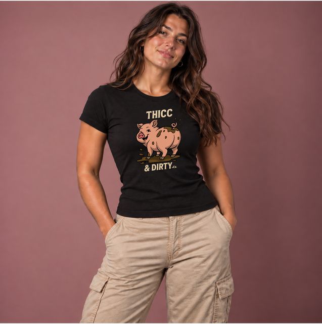 Thicc & Dirty — Black · Woman's Baby T, worn by a model
