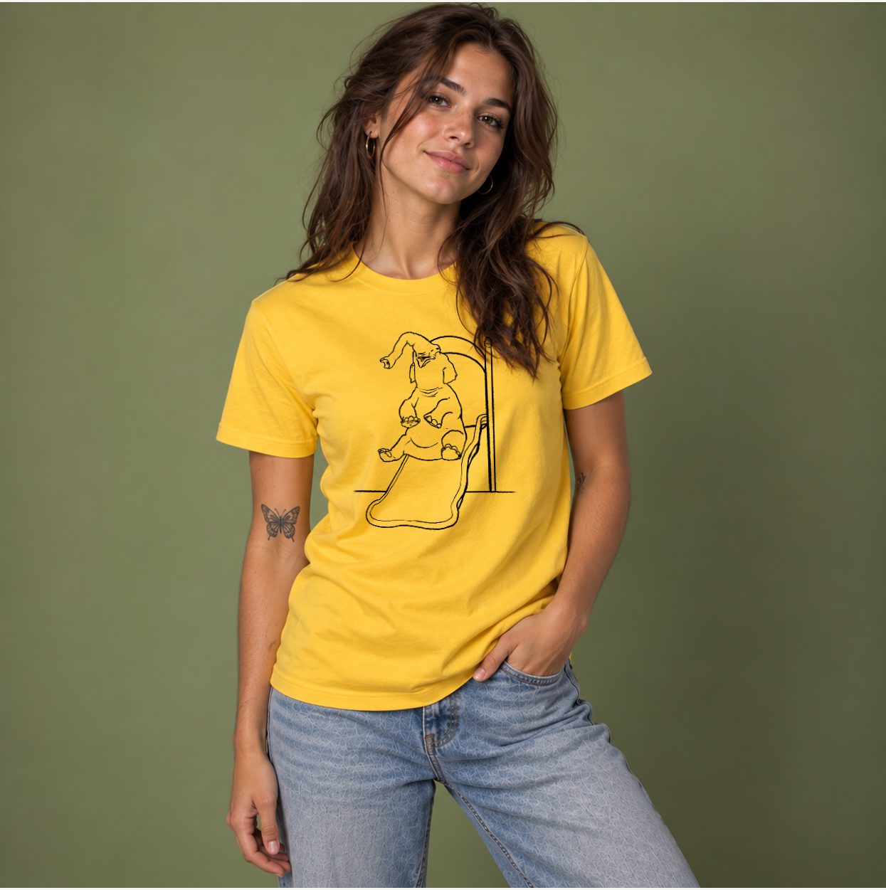 Yellowphant Slide, worn by a model