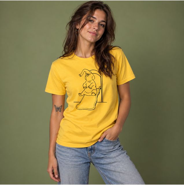 Yellowphant Slide, worn by a model